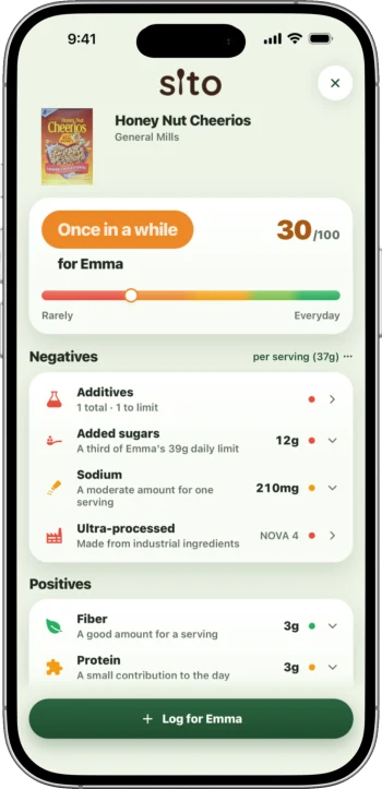 Sito app: a cereal scored 30 out of 100 for a child's age