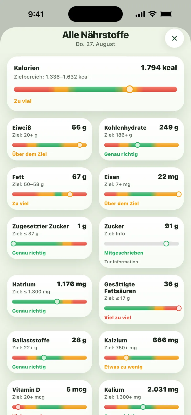 Sito-App: der Bildschirm „Alle Nährstoffe“ mit Kalorien, Eiweiß, Eisen, Ballaststoffen, Kalzium, Vitamin D und mehr, jeweils mit dem Ziel für das Alter und einer Einordnung wie „Genau richtig“ oder „Etwas zu wenig“.
