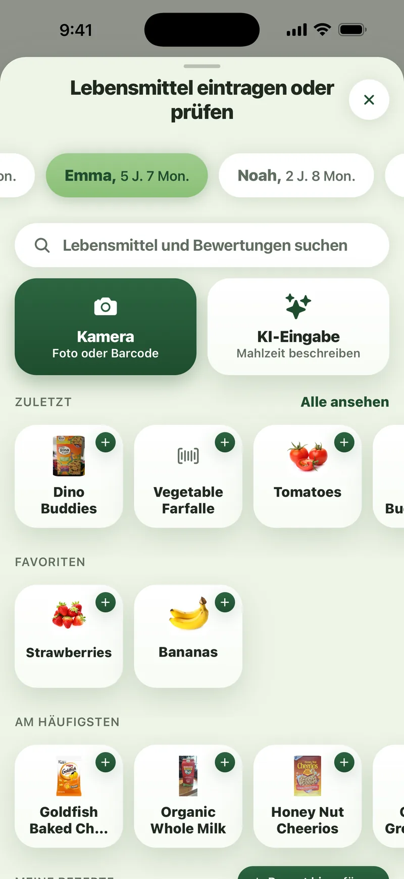 Sito-App: „Lebensmittel eintragen oder prüfen“ mit der Suche, der Kamera für Foto oder Barcode, der KI-Eingabe zum Beschreiben einer Mahlzeit und den Reihen Zuletzt, Favoriten und Am häufigsten.