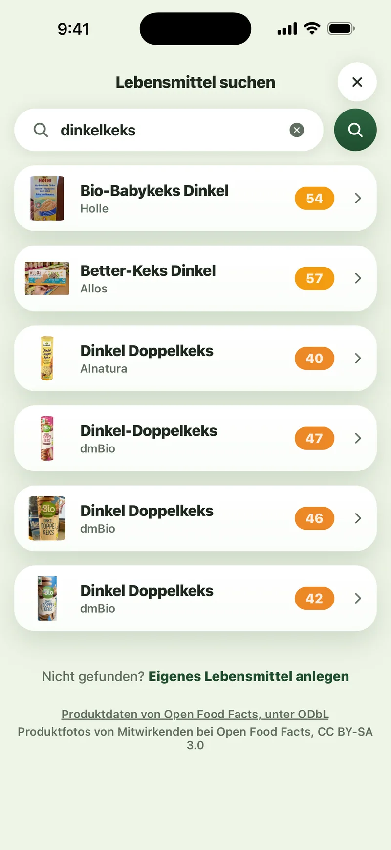 Sito-App: Die Suche nach „dinkelkeks“ zeigt Dinkelkekse von Holle, Allos, Alnatura und dmBio, jeweils mit der Bewertung daneben.