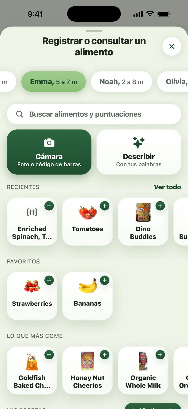 App Sito: la pantalla “Registrar o consultar un alimento”, con la búsqueda, la cámara para fotos y códigos de barras, la opción Describir para contar la comida con tus palabras, y los alimentos recientes, los favoritos y lo que más come.