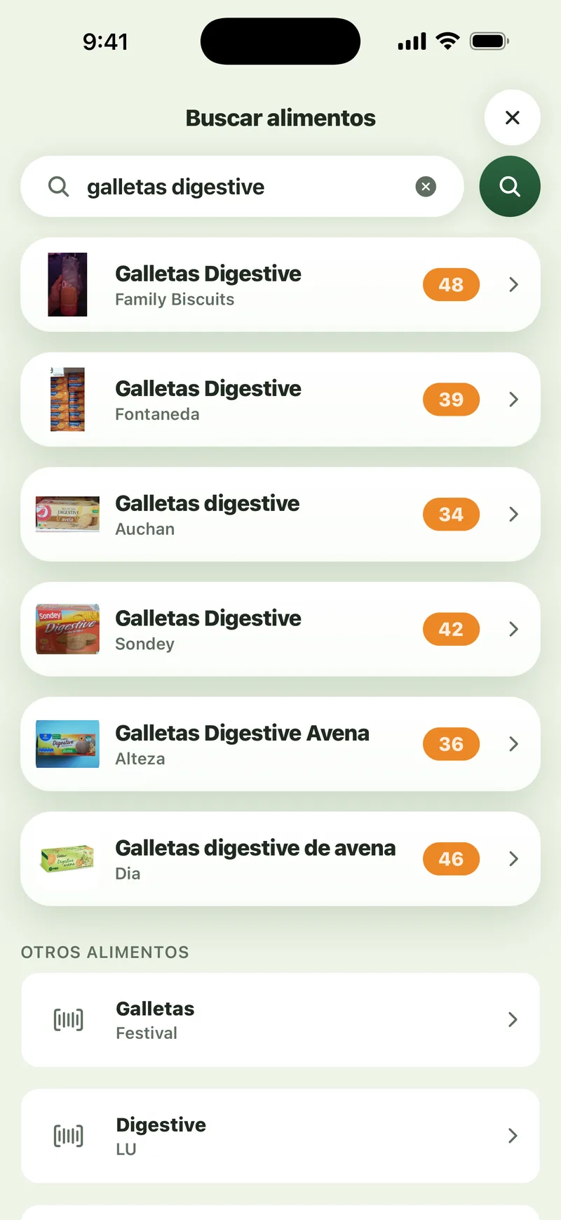 App Sito: al buscar “galletas digestive” aparecen seis marcas, cada una con su puntuación al lado.