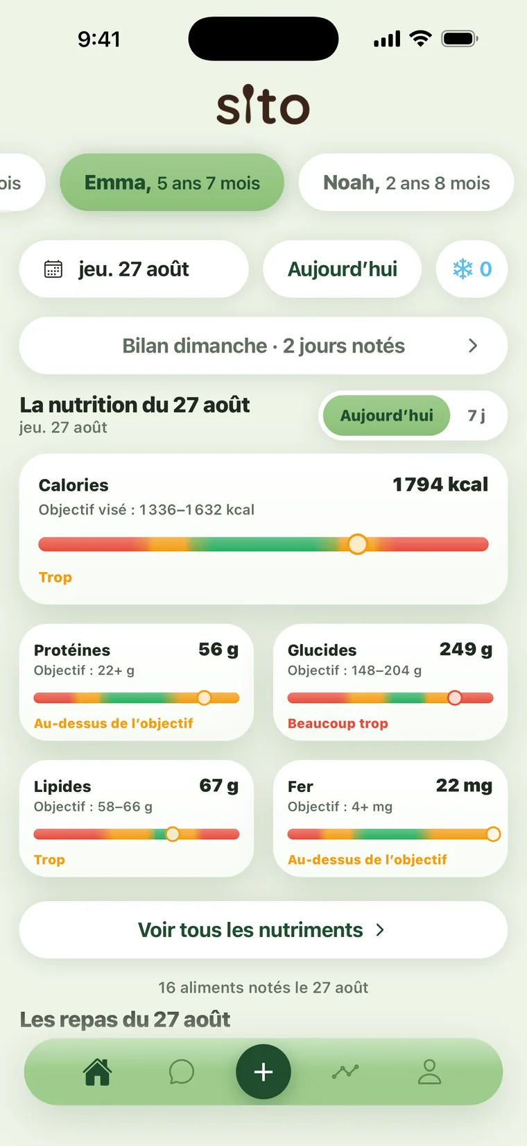 Écran d’accueil de Sito : les enfants entre lesquels basculer, le bilan de la semaine, et les calories, protéines, glucides, lipides et fer du jour, chacun comparé à sa propre fourchette.