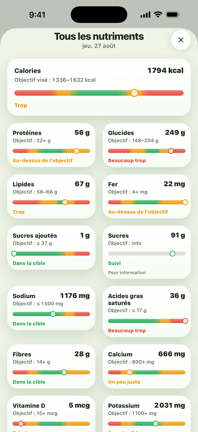 App Sito : l’écran complet des nutriments, avec le fer, le calcium, les fibres et la vitamine D comparés aux repères de l’âge.