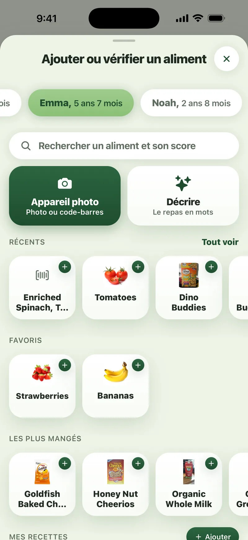 App Sito : le menu « Ajouter ou vérifier un aliment », avec l’appareil photo, le repas décrit en mots, la recherche, les aliments récents et les favoris.