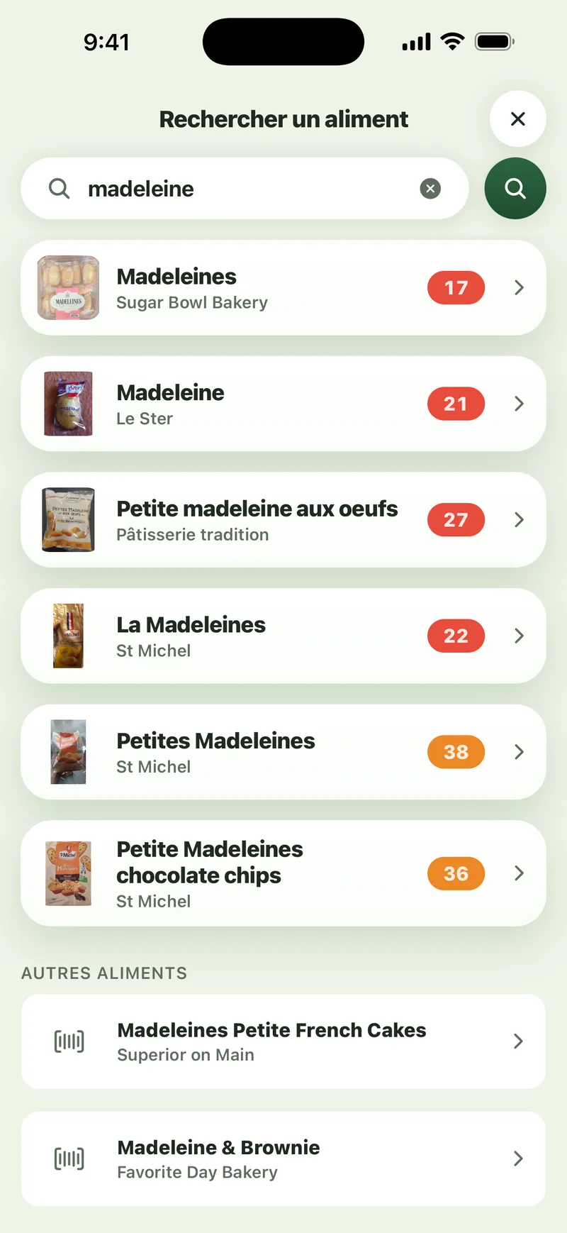 App Sito : une recherche « madeleine » affiche chaque marque avec sa note à côté.