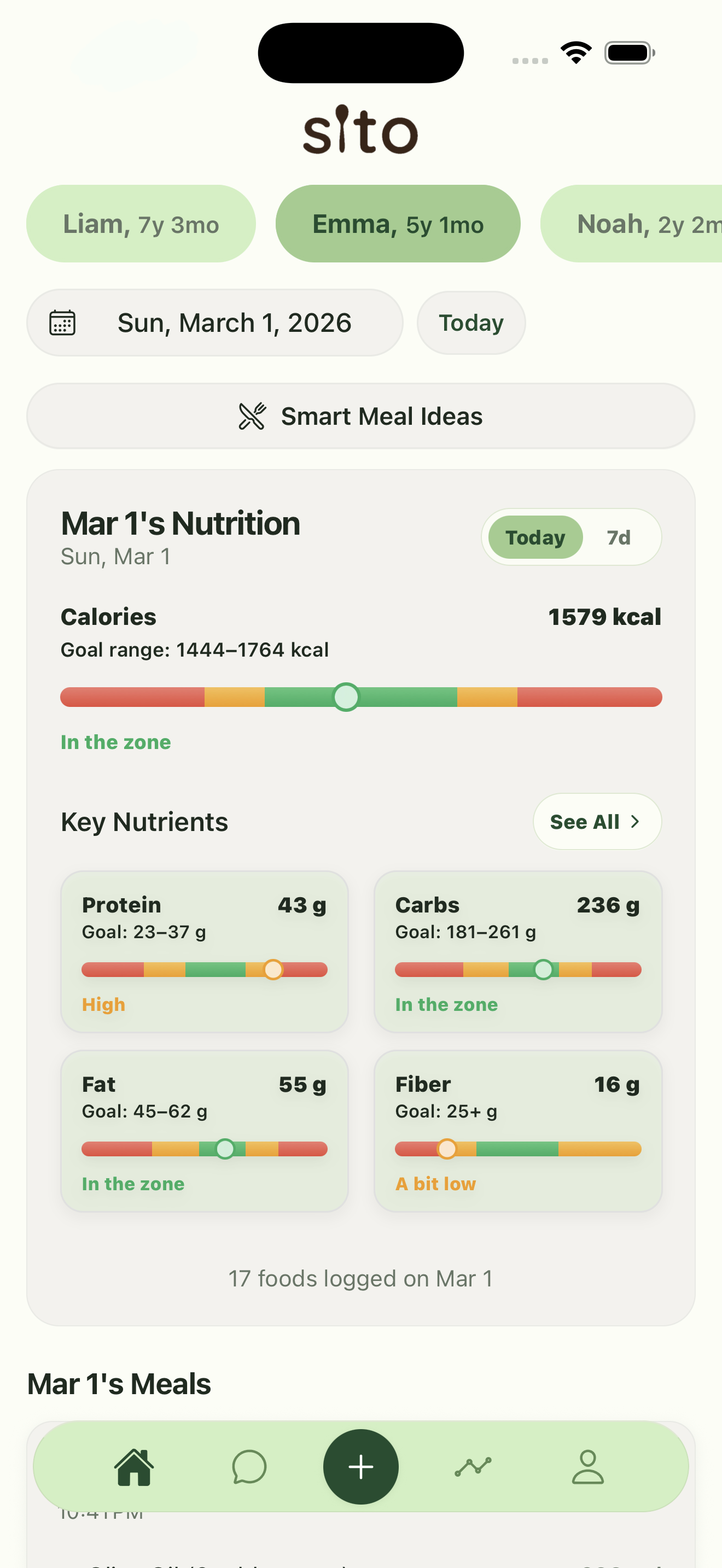Sito app: track every nutrient that matters — daily nutrition dashboard with calories, protein, carbs, fat, and fiber goals.