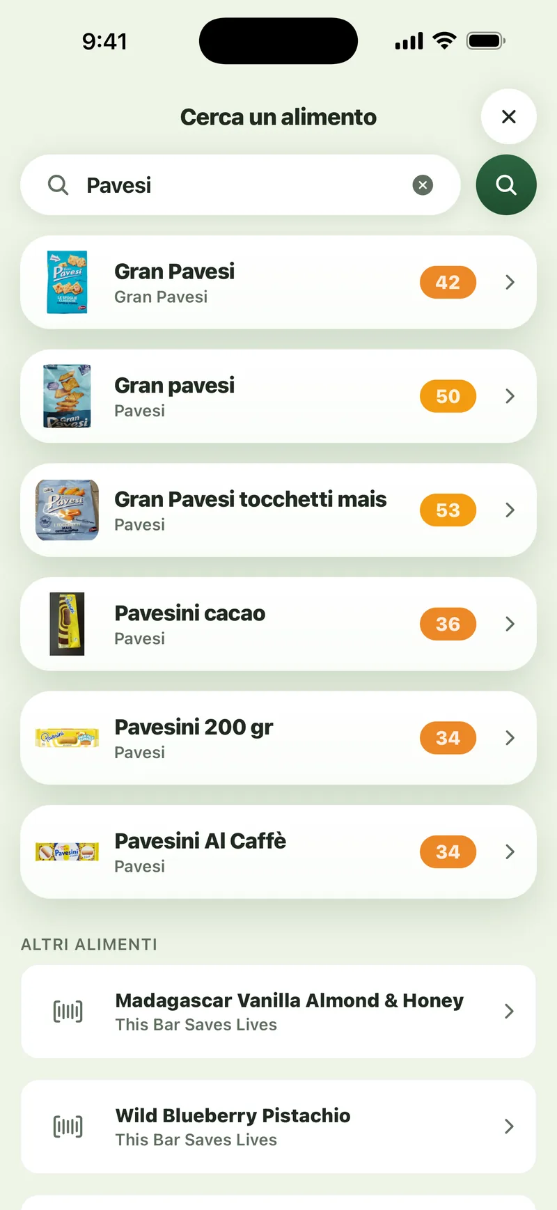 App Sito: la ricerca “Pavesi” mostra Gran Pavesi e Pavesini, ognuno con il suo punteggio accanto.