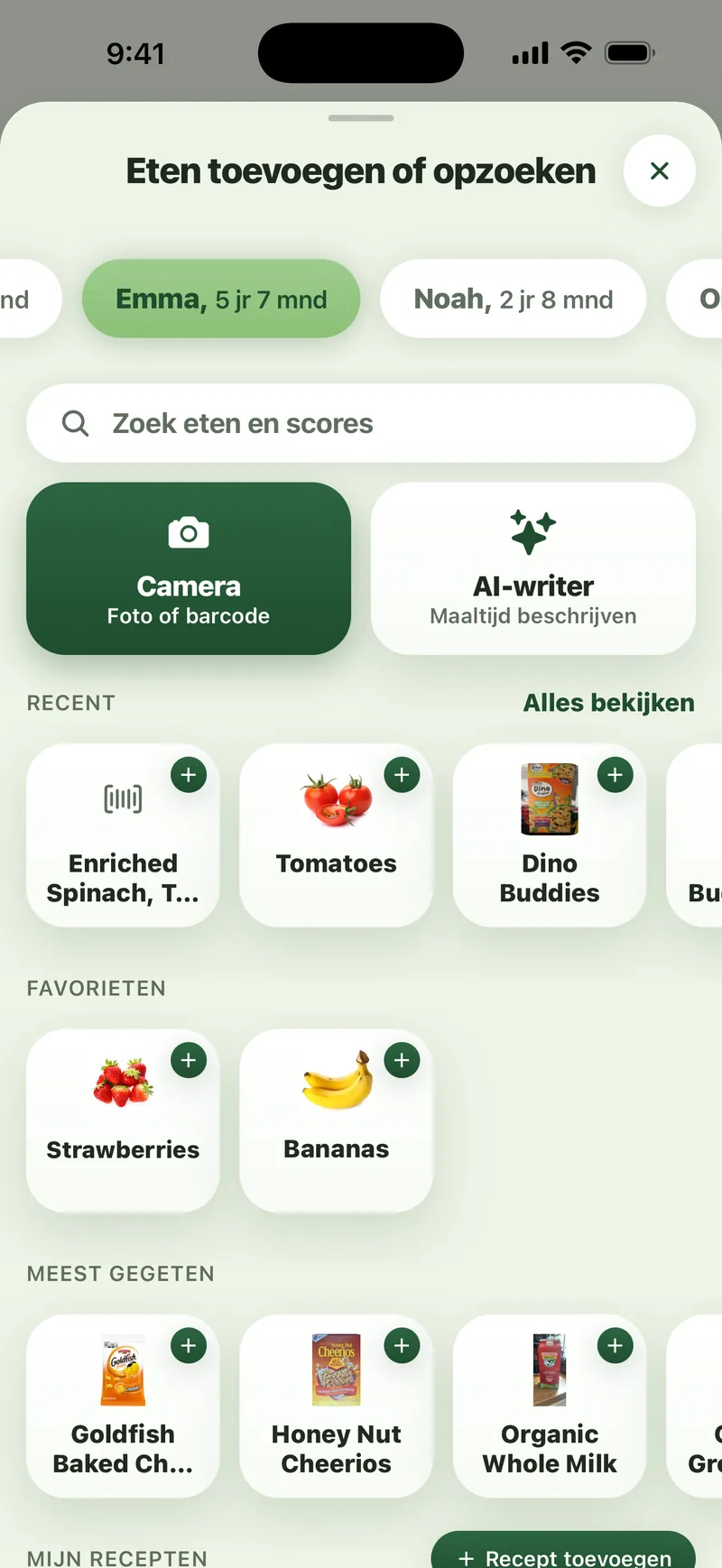 Sito-app: het scherm “Eten toevoegen of opzoeken”, met de zoekbalk, de camera voor een foto of barcode, de AI-writer om een maaltijd te beschrijven, en de rijen Recent, Favorieten en Meest gegeten.