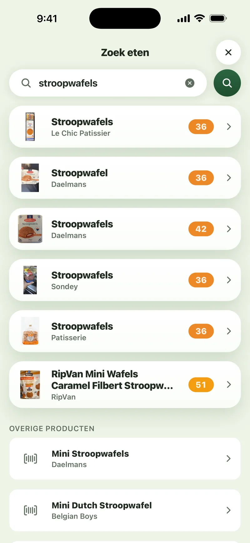 Sito-app: zoeken op “stroopwafels” geeft producten van Daelmans, Le Chic Patissier en andere merken, elk met de score ernaast, en daaronder overige producten.