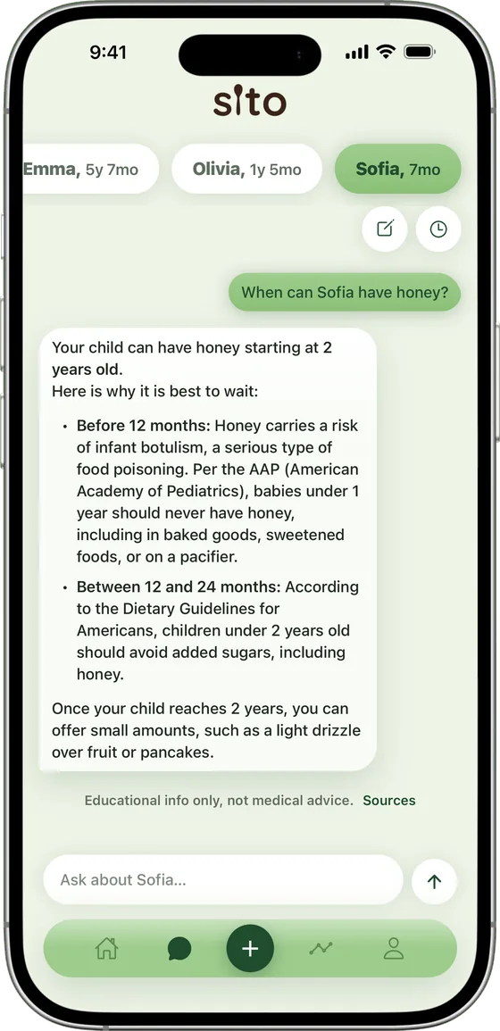 Sito's assistant answering when Sofia can have honey: not before 12 months, because of the risk of infant botulism, citing the American Academy of Pediatrics.