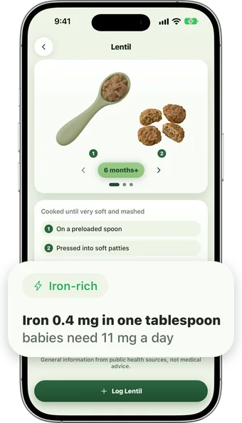 Sito's first-food card for lentil at 6 months, mashed on a preloaded spoon or pressed into soft patties, with its Iron-rich chip and iron line lifted out and enlarged: Iron 0.4 mg in one tablespoon, babies need 11 mg a day.