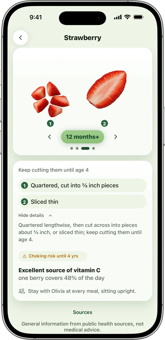 Sito for toddlers: how to cut strawberries from 12 months, quartered into small pieces or sliced thin, with the choking risk flagged until age 4.