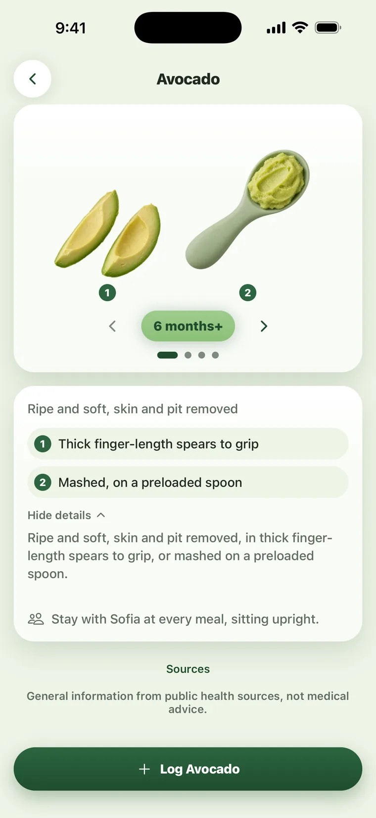Sito's first-food card for avocado, with the age band and the ways to serve it.