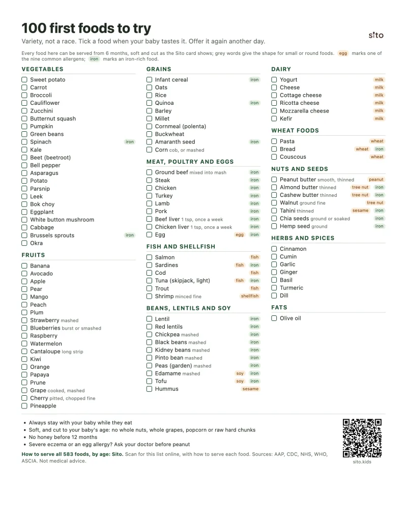 Free printable checklist of 100 first foods by food group, with a tick box and allergen and iron markers