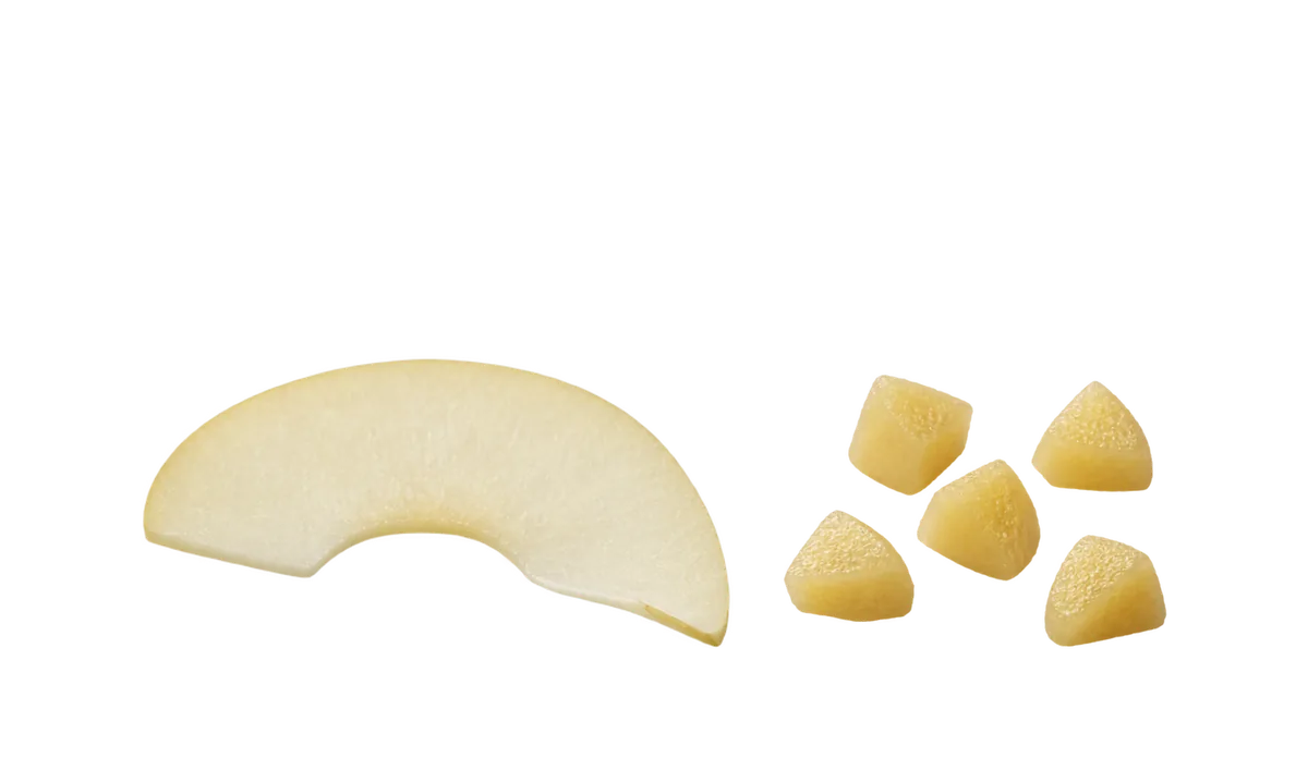 Apples, 12 months until age 4: 1, Paper-thin raw slices, skin off; 2, Soft cooked pieces