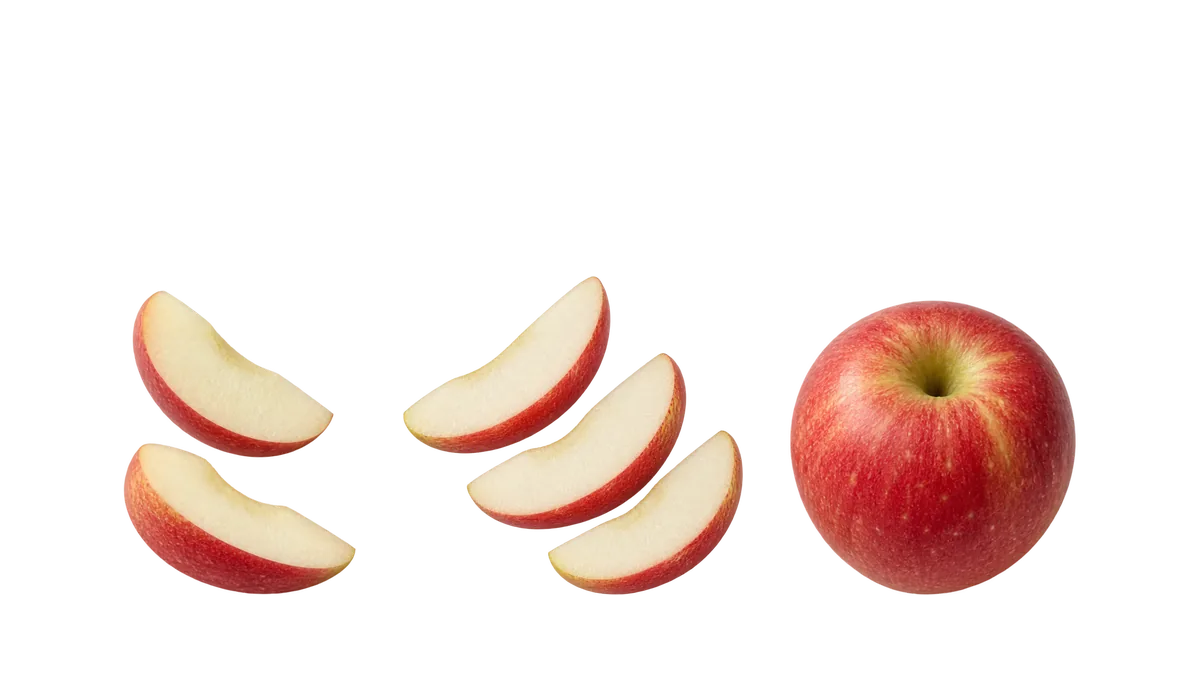 Apples, age 4 and up: 1, Wedges; 2, Slices; 3, A whole apple to bite