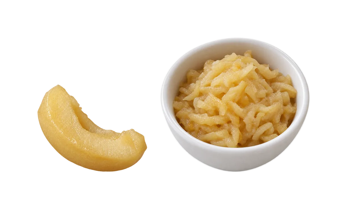 Apples, 6 to 8 months: 1, Wedges, cooked until squishy; 2, Grated, cooked soft