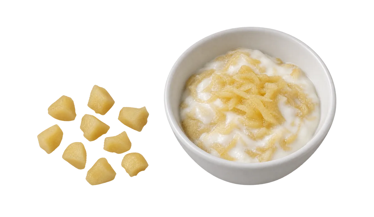 Apples, 9 to 11 months: 1, Soft cooked pieces, about 1 cm; 2, Grated, cooked, in oats or yogurt