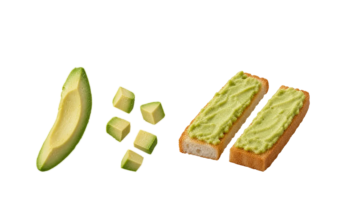 Avocado, 12 to 17 months: 1, Slices, with meals; 2, Pieces about 1 cm; 3, Spread on toast or crackers