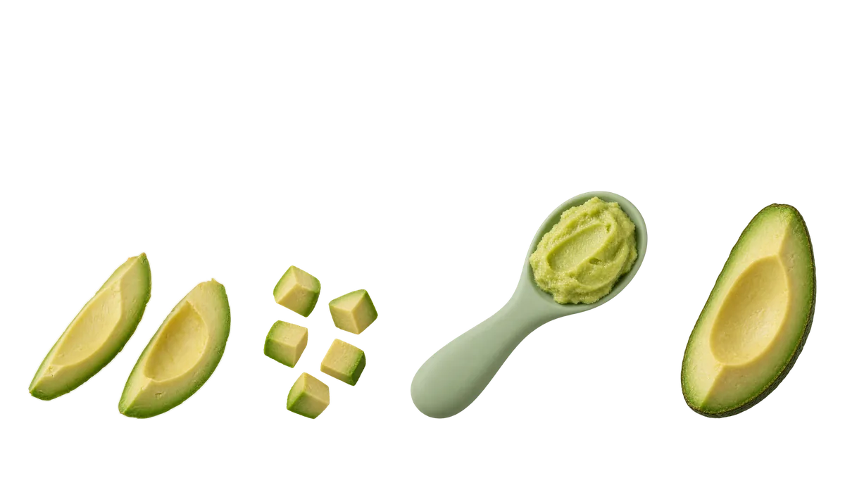 Avocado, 18 months and up: 1, Thick finger-length spears; 2, Pieces about 1 cm; 3, Mashed, on a spoon; 4, Half in its skin, pit out, to scoop