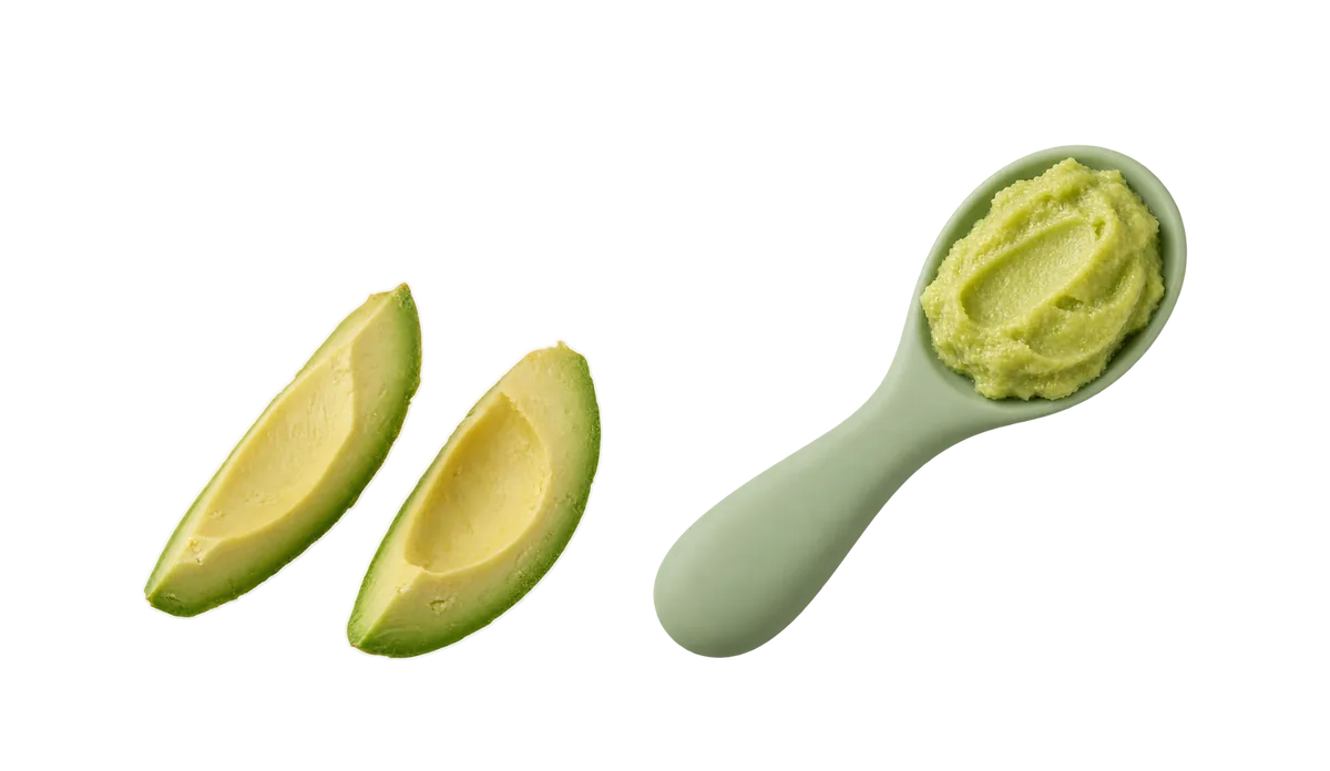 Avocado, 6 to 8 months: 1, Thick finger-length spears to grip; 2, Mashed, on a preloaded spoon