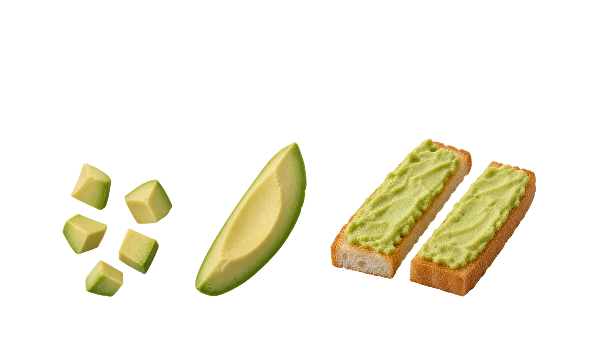 Avocado, 9 to 11 months: 1, Ripe pieces about 1 cm, to pick up; 2, A thick finger-length spear; 3, Mashed, spread on toast fingers