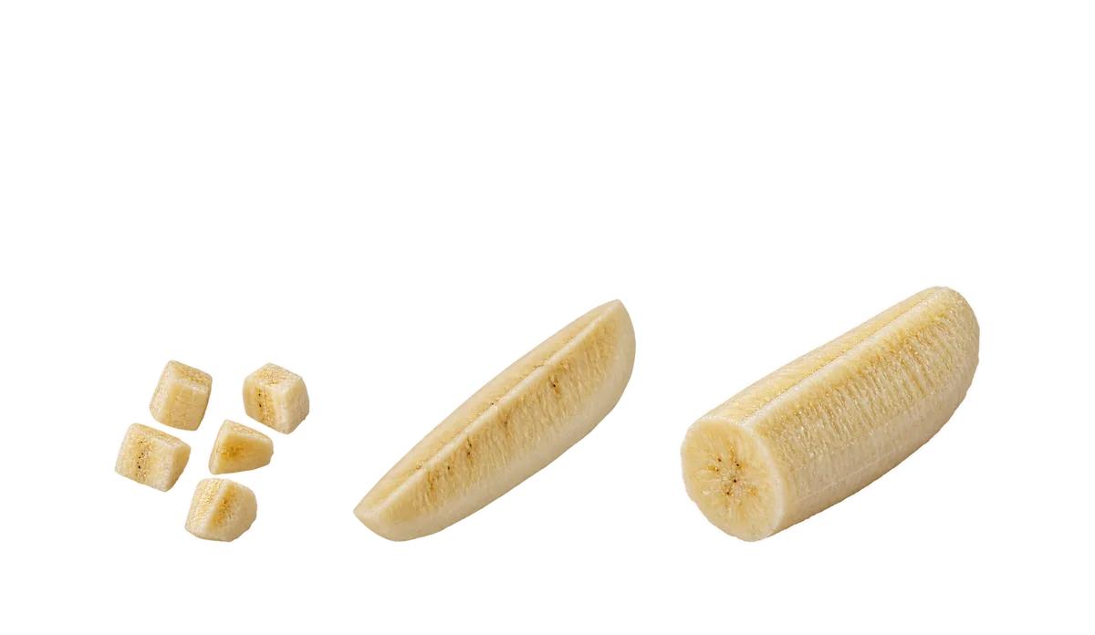 Bananas, 12 to 17 months: 1, Bite-sized pieces; 2, A long spear, split lengthwise; 3, A peeled half to bite from