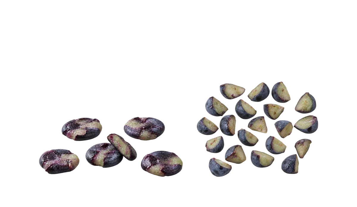 Blueberries, 12 months until age 4: 1, Pressed flat; 2, Quartered