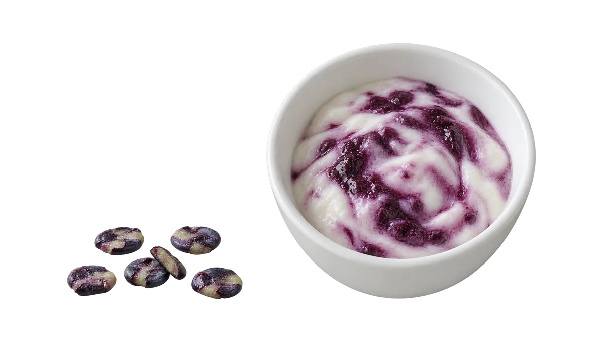 Blueberries, 9 to 11 months: 1, Pressed flat into a thin disc; 2, Cooked and stirred into yogurt