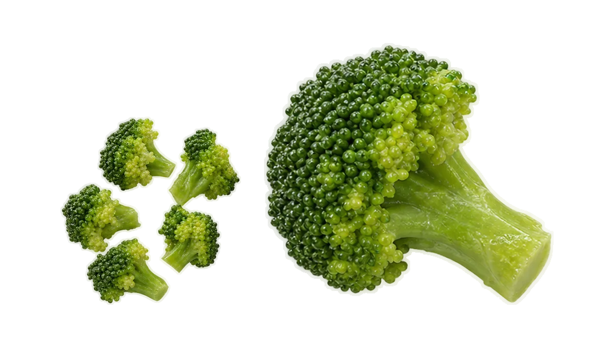 Broccoli, 12 months until age 4: 1, Cooked florets, cut small; 2, Whole soft florets, to bite