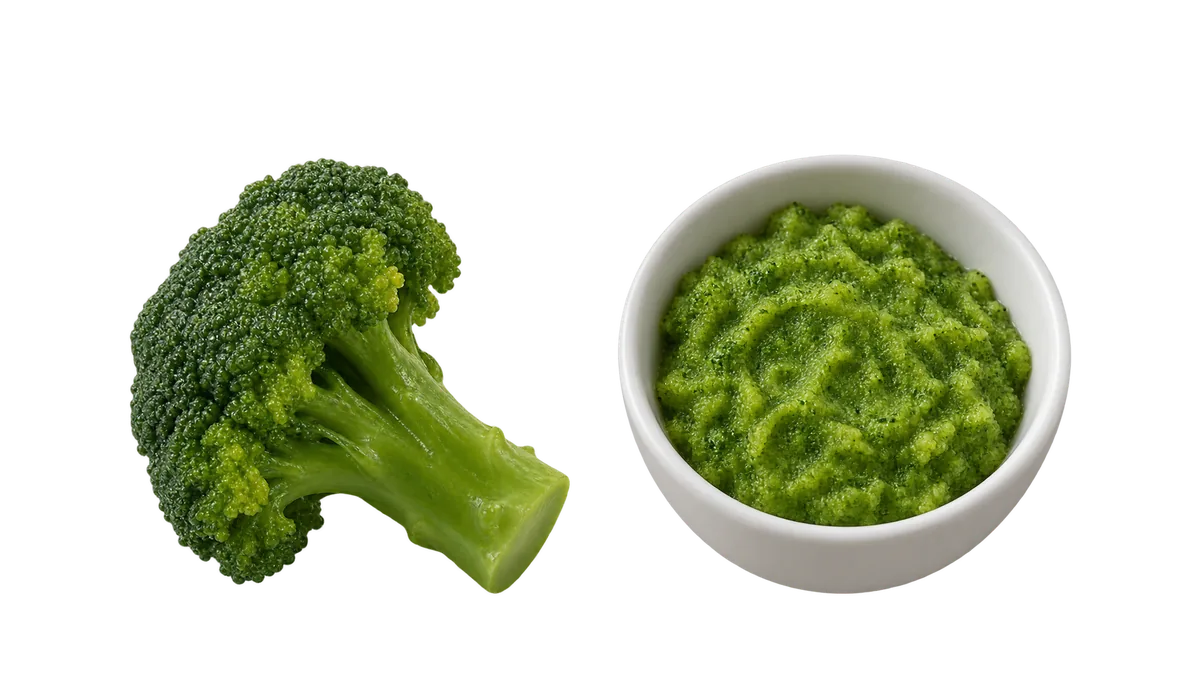 Broccoli, 6 to 8 months: 1, A whole floret, held by its stalk; 2, Mashed