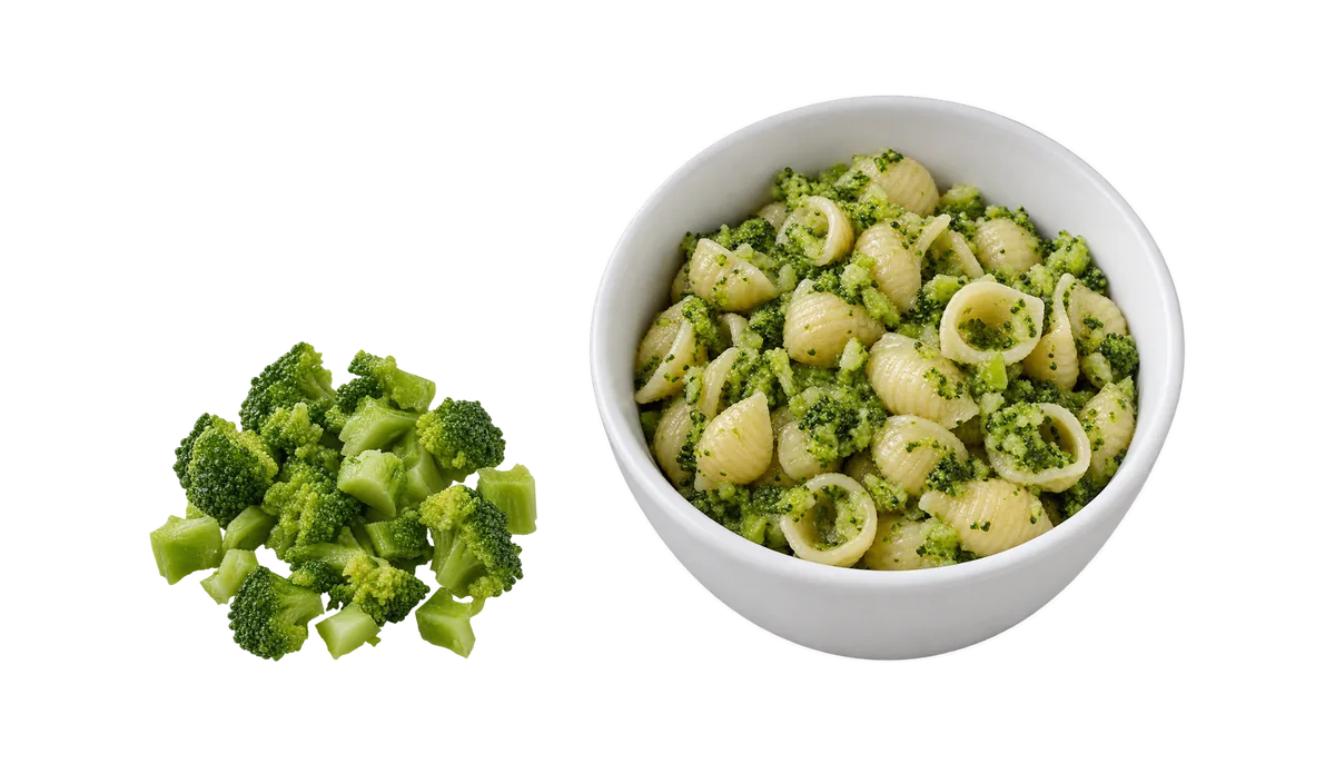 Broccoli, 9 to 11 months: 1, Cooked soft, cut into small pieces; 2, Chopped into pasta, eggs or rice