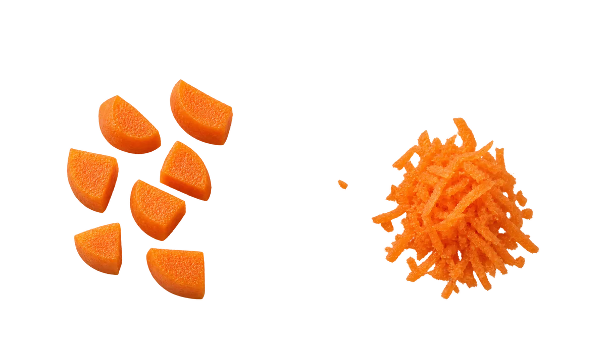 Carrots, 12 months until age 4: 1, Cooked soft pieces, about 1 cm; 2, Finely grated raw, in salads