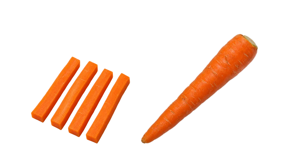 Carrots, age 4 and up: 1, Raw sticks; 2, A whole raw carrot, to bite