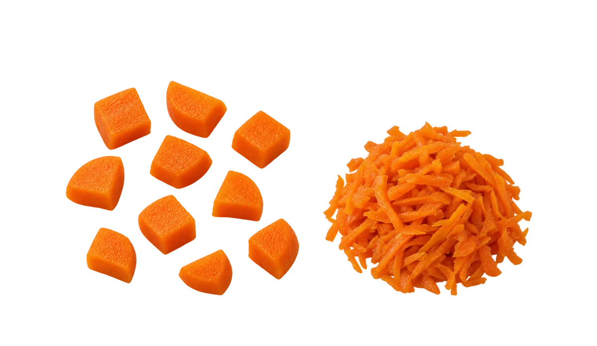 Carrots, 9 to 11 months: 1, Soft cooked pieces, about 1 cm; 2, Grated, cooked soft