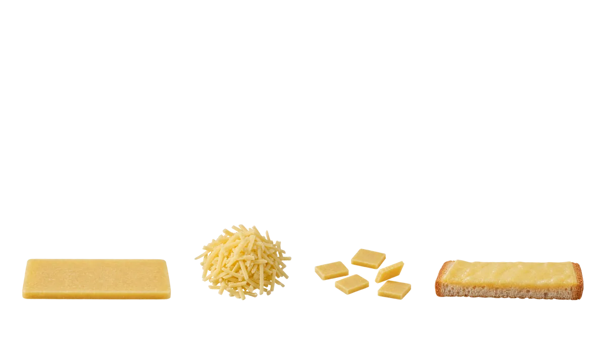 Cheese, 12 months until age 4: 1, Thin slices; 2, Shreds; 3, Flat pieces about 1 cm; 4, Melted thin over toast, no globs