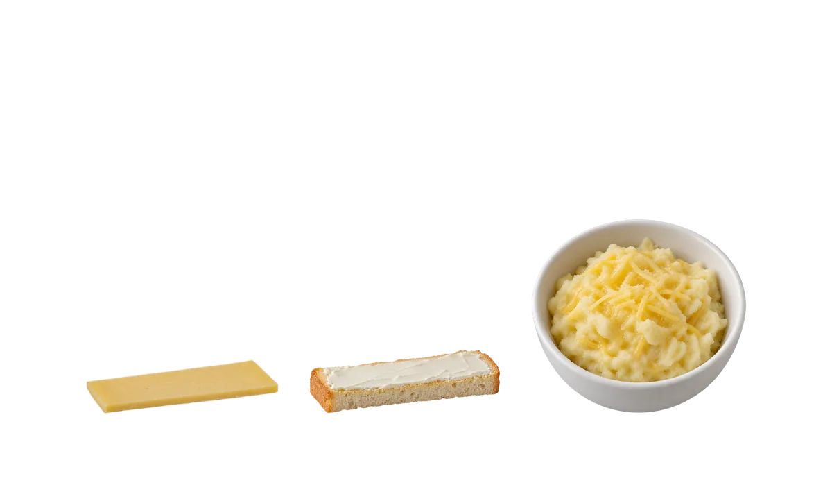 Cheese, 6 to 8 months: 1, A long thin flat slice, 2 fingers wide; 2, Soft cheese spread thin on toast; 3, Grated lightly into warm food