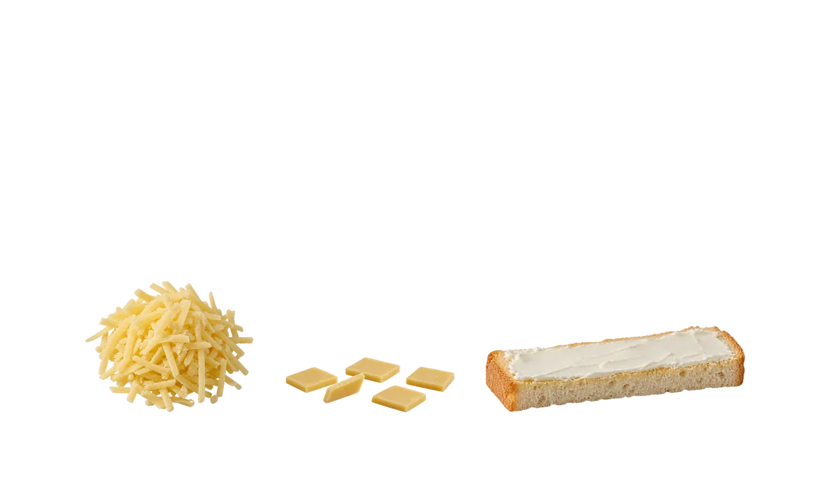 Cheese, 9 to 11 months: 1, Grated; 2, Flat 1 cm pieces, cut from a slice; 3, Soft cheese spread thin on toast
