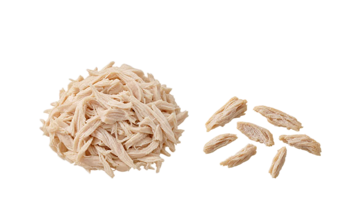 Chicken, 12 months until age 4: 1, Tender shreds; 2, Thin irregular pieces, about 1 cm
