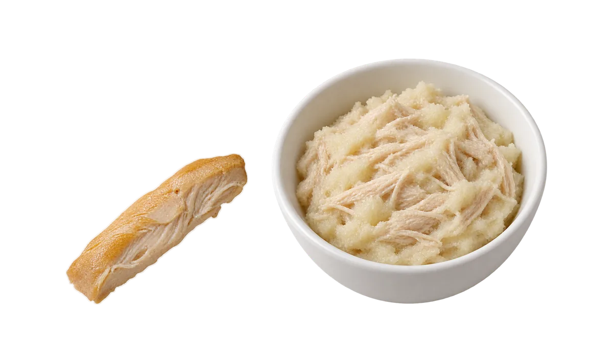 Chicken, 6 to 8 months: 1, A long flat strip to gnaw; 2, Shredded fine, mixed into mash