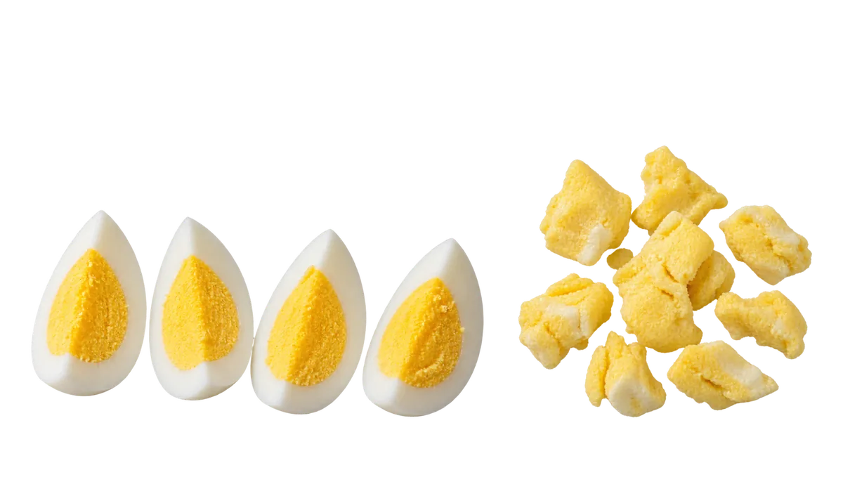 Eggs, 12 months and up: 1, Hard-boiled quarters, water to sip; 2, Scrambled or omelet, family pan