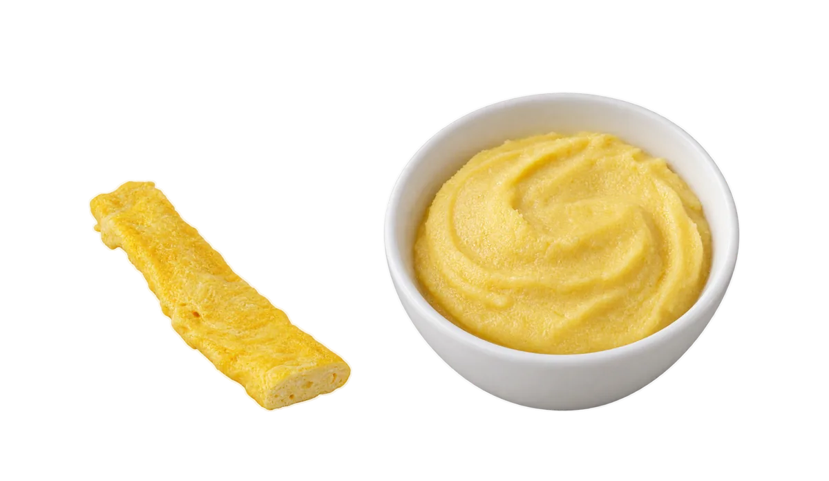 Eggs, 6 to 8 months: 1, An omelet strip to hold; 2, Hard-boiled, mashed smooth