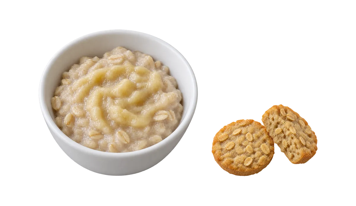 Oats, 12 months and up: 1, Porridge with fruit instead of sugar; 2, Slices of soft oat bread or muffin