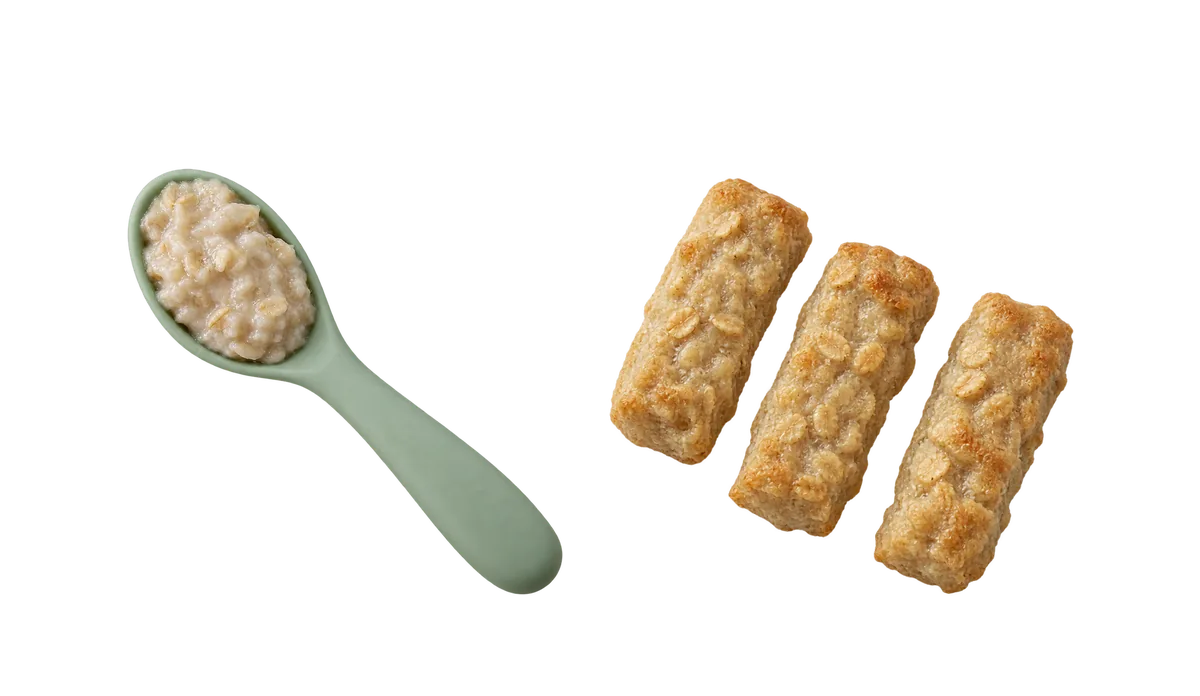 Oats, 9 to 11 months: 1, Thick porridge; 2, Soft oat fingers or pancake strips