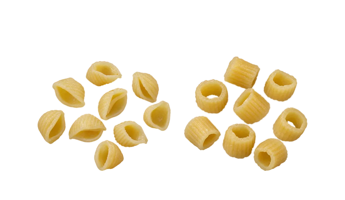 Pasta, 9 to 11 months: 1, Little shells or ditalini, about 1 cm; 2, Big shapes cut into 1 cm pieces