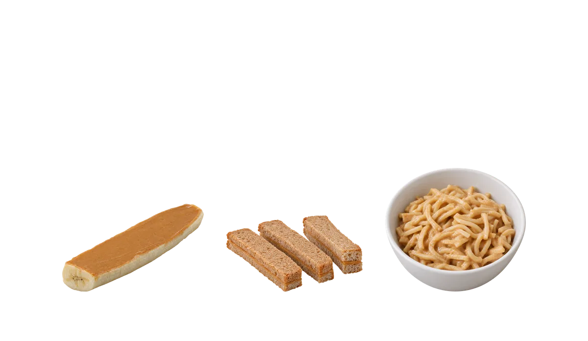 Peanuts, 18 months until age 5: 1, Spread thin on soft fruit; 2, Spread thin in a sandwich; 3, Ground peanuts in family meals