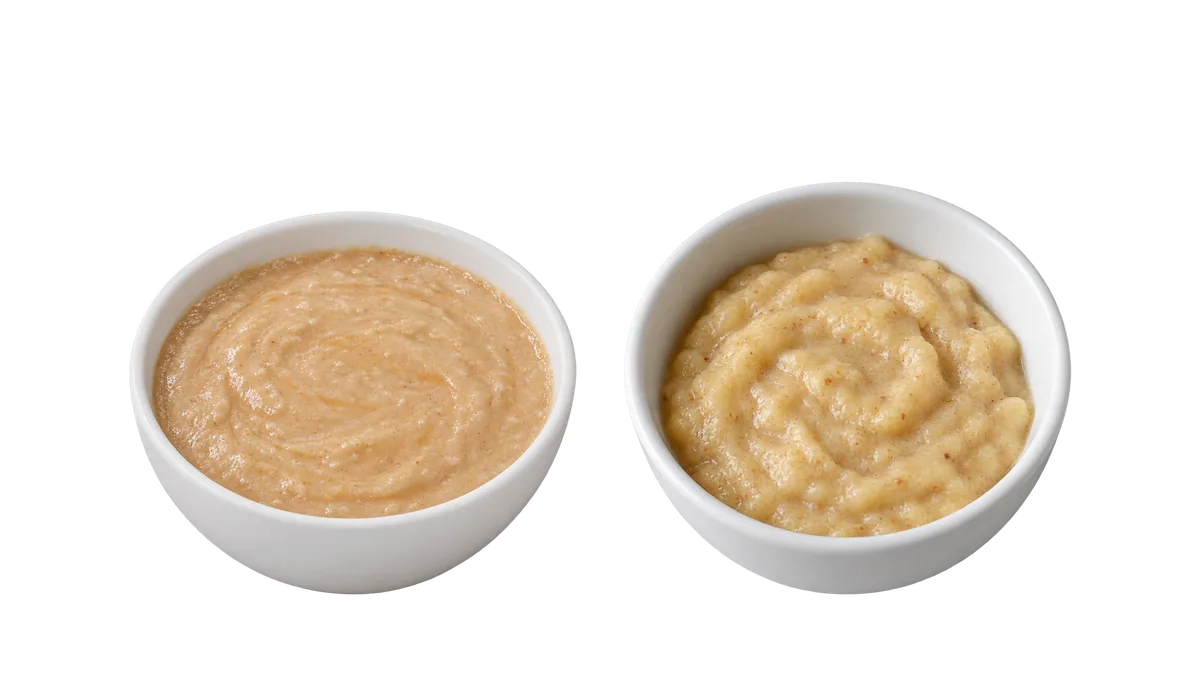 Peanuts, 6 to 11 months: 1, Smooth peanut butter, thinned; 2, Finely ground peanuts, no bits left