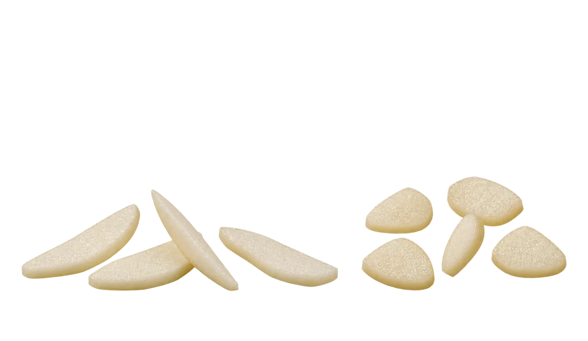 Pears, 12 months until age 4: 1, Thin slices; 2, Flat bite-sized pieces