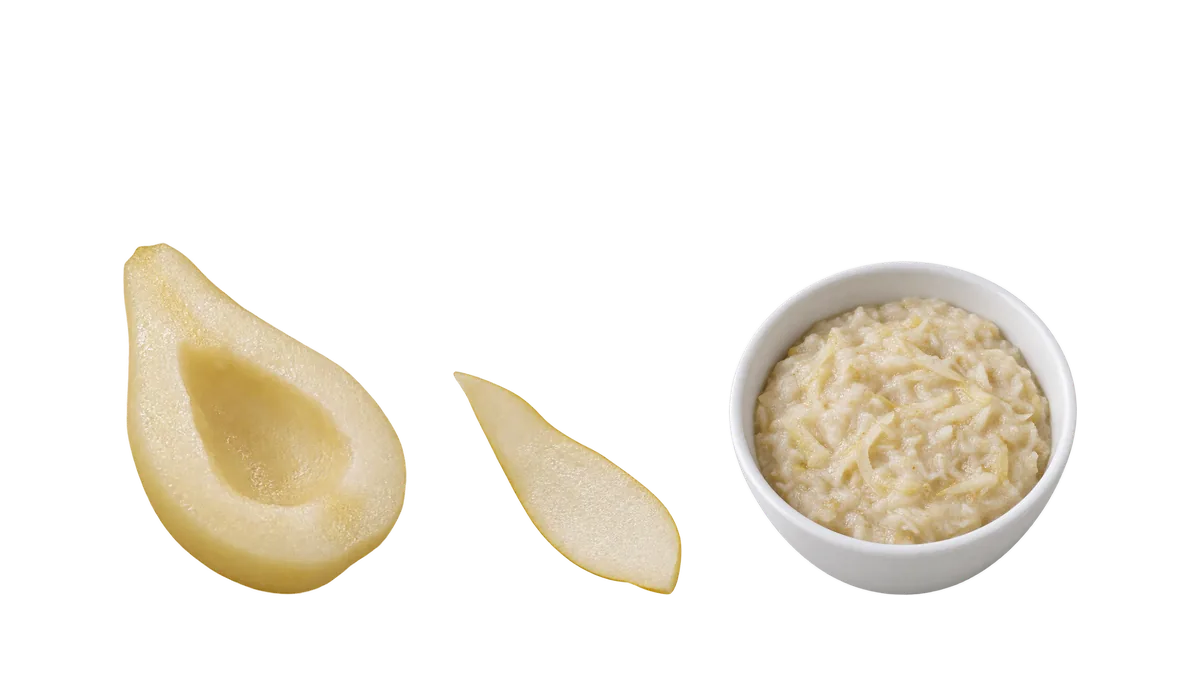 Pears, 6 to 8 months: 1, A half, cooked until soft; 2, A very ripe raw half or big thin slice; 3, Very ripe, grated into porridge